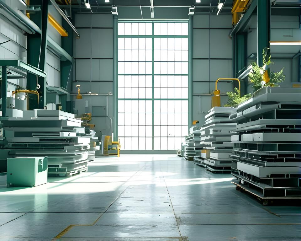 Planta de producción de aluminio con perfiles ordenados y luz natural entrando por grandes ventanales