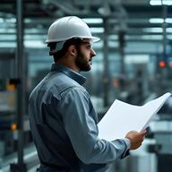 Jefe de planta observando una línea de producción de aluminio con planos en mano