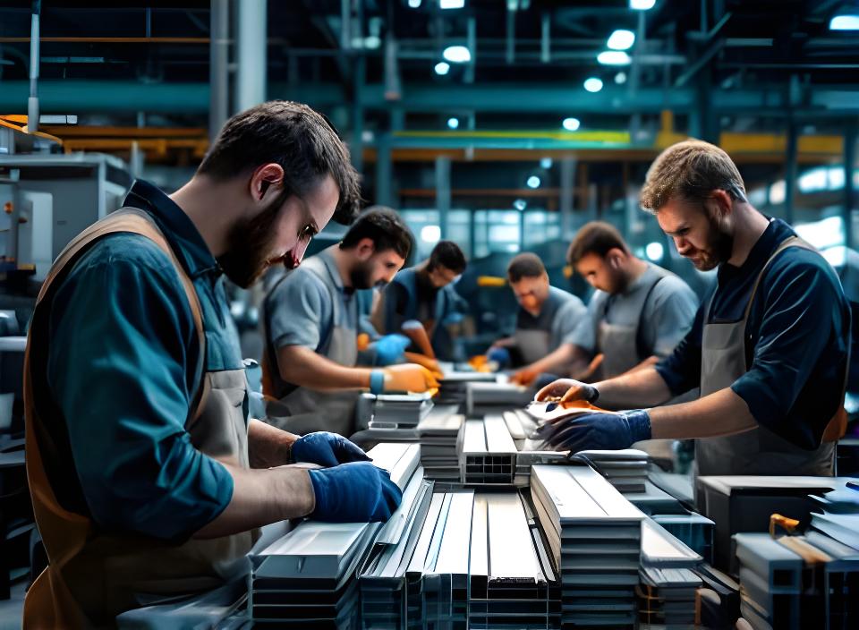 Equipo de trabajo en la planta revisando perfiles de aluminio junto a maquinaria industrial