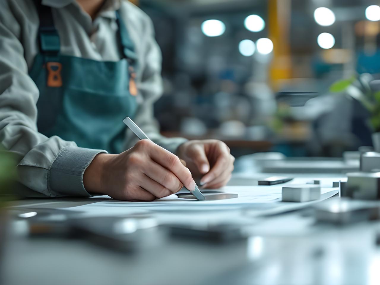 Operaria de planta de aluminio revisando una consulta comercial en un escritorio luminoso con muestras metálicas