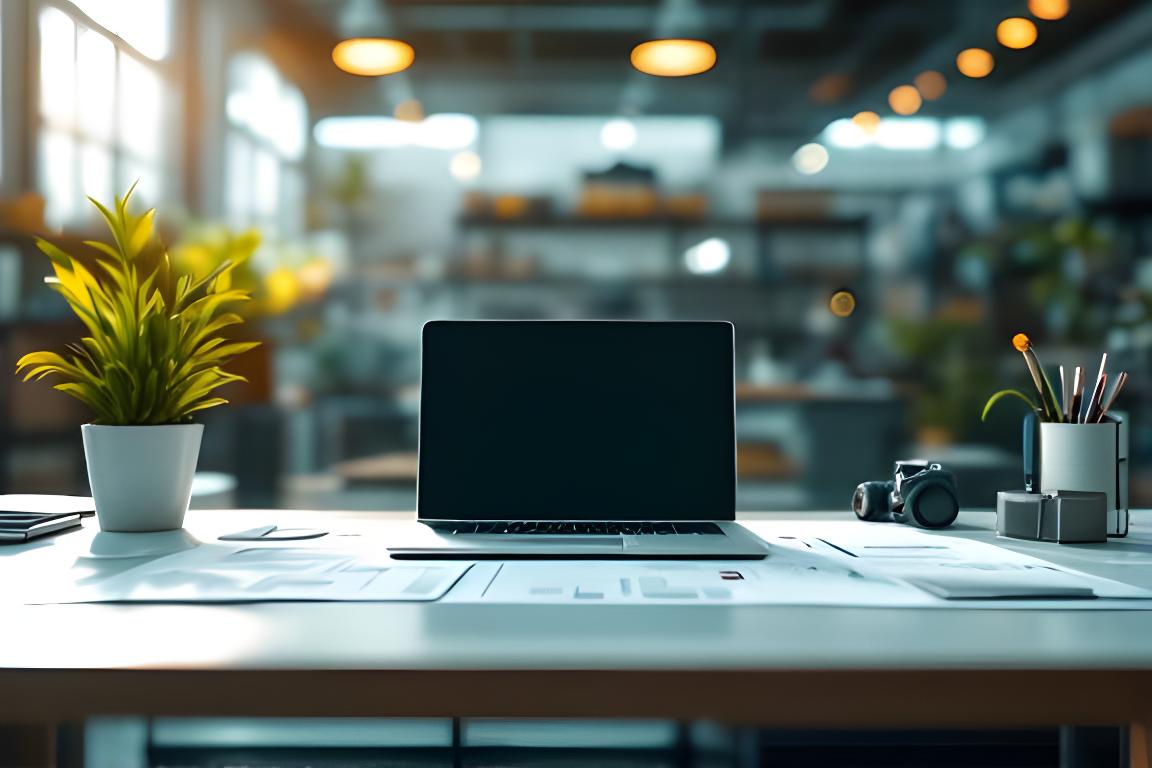 Documento de política de privacidad sobre una mesa de trabajo luminosa junto a una laptop y planos de aluminio