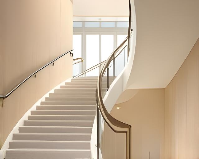 Escalera interior con barandas de aluminio anodizado y terminación elegante en edificio corporativo