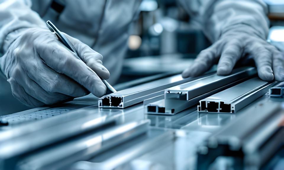 Inspector midiendo perfiles de aluminio con instrumentos de precisión en una mesa de control de calidad