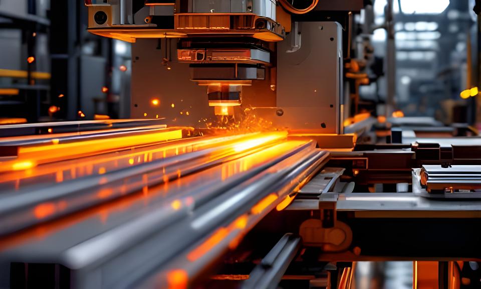 Prensa de extrusión de aluminio trabajando en una planta industrial con perfiles recién formados